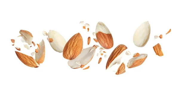 Pieces Tasty Almonds Falling White Background Banner Design — Stock Photo, Image