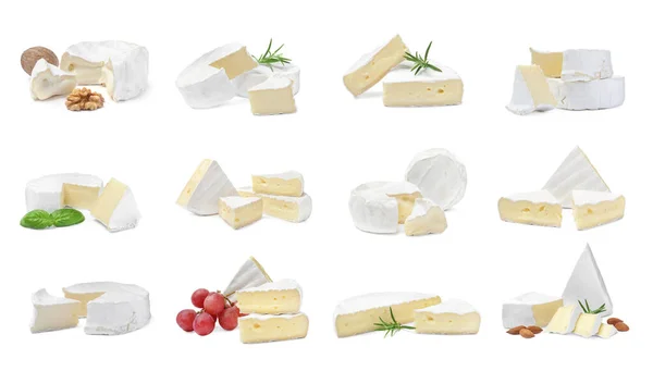 Set Con Sabroso Queso Brie Sobre Fondo Blanco —  Fotos de Stock
