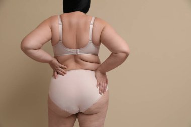 Bej arka planda güzel iç çamaşırlı şişman bir kadının arka görüntüsü, mesaj için yer. Büyük boy model