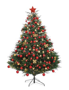 Beyaz üzerine izole edilmiş güzel süslemeli Noel ağacı