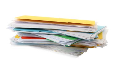 Beyaz arkaplanda belgeleri olan farklı dosya yığınları