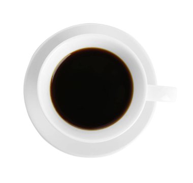 Bir fincan nefis kahve, beyaz, üst manzara.