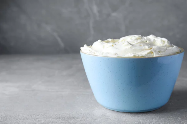 Bowl Tasty Cream Cheese Light Grey Table Space Text — Stockfoto