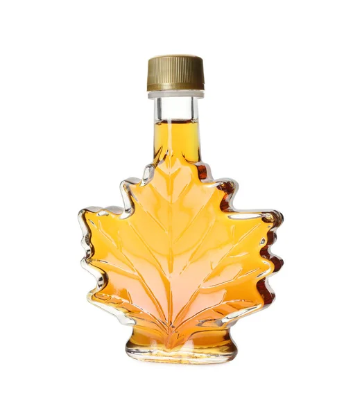 Leaf Shaped Bottle Delicious Maple Syrup Isolated White — Stock Photo, Image