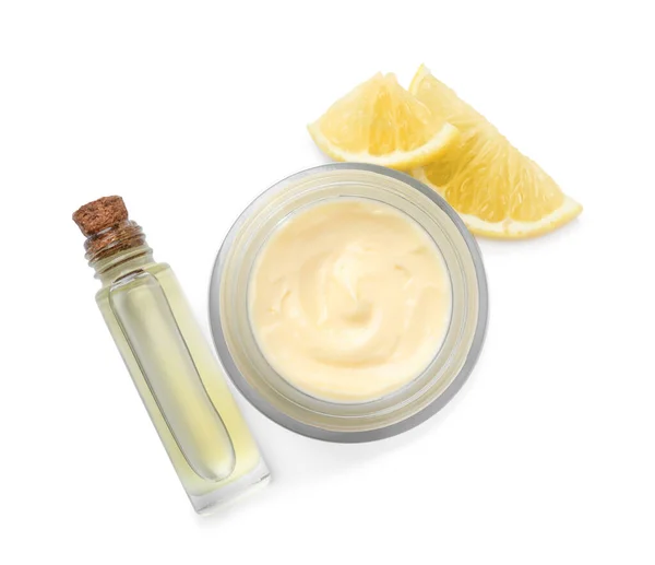 Body Cream Cosmetic Product Lemon White Background Top View — Stockfoto