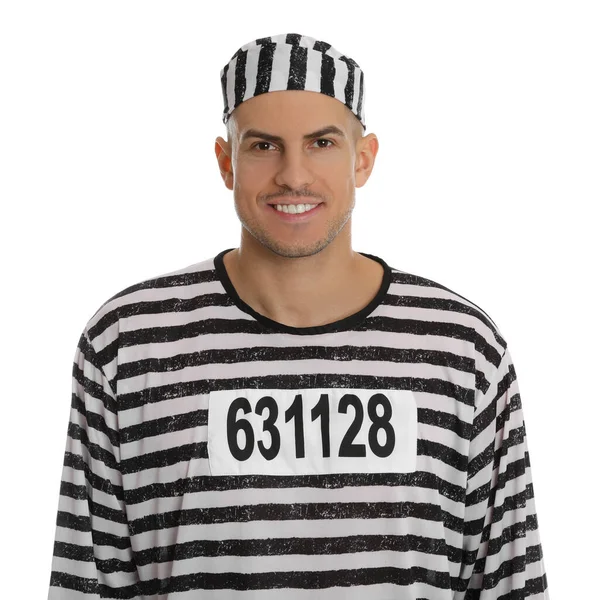 Prisoner Striped Uniform Smiling White Background — стоковое фото