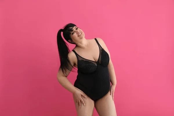 Beautiful Overweight Woman Black Underwear Pink Background Size Model — Stockfoto