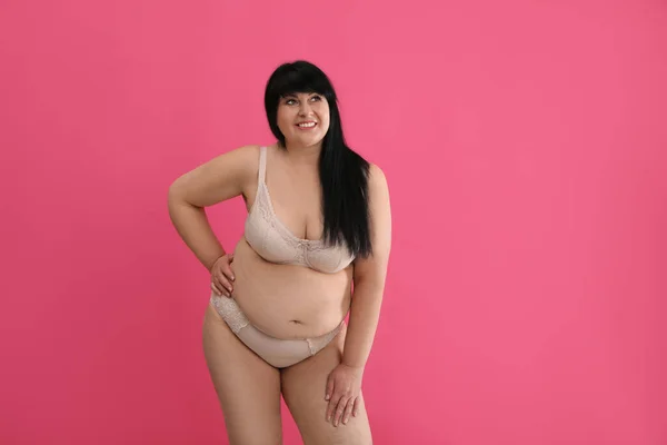 Beautiful Overweight Woman Beige Underwear Pink Background Space Text Size — Fotografia de Stock