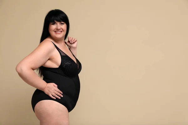 Beautiful Overweight Woman Black Underwear Beige Background Space Text Size — Stock Photo, Image