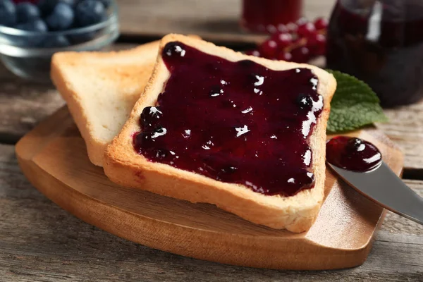 Delicious Toasts Jam Wooden Board Closeup — Fotografia de Stock