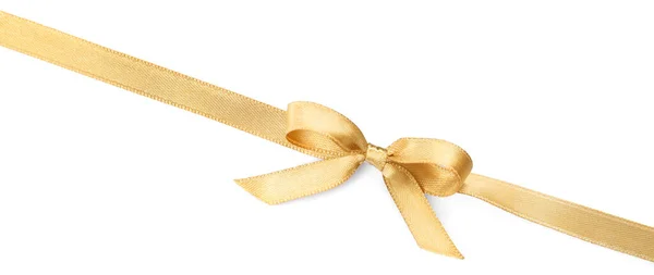 Golden Satin Ribbon Bow White Background Top View — Stock Photo, Image