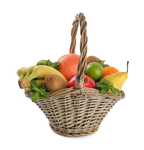 Wicker Basket Different Ripe Fruits White Background — Stock Photo, Image