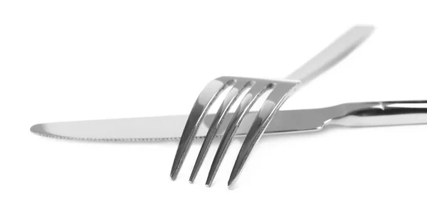 Nuevo Tenedor Brillante Cuchillo Sobre Fondo Blanco Primer Plano —  Fotos de Stock