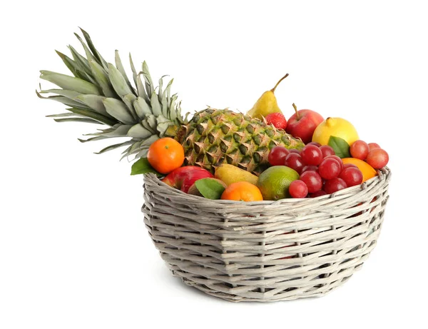 Cesta Vime Com Diferentes Frutas Frescas Isoladas Branco — Fotografia de Stock