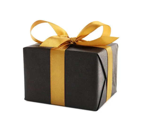 Чорна Подарункова Коробка Золотим Бантом Білому Тлі — стокове фото