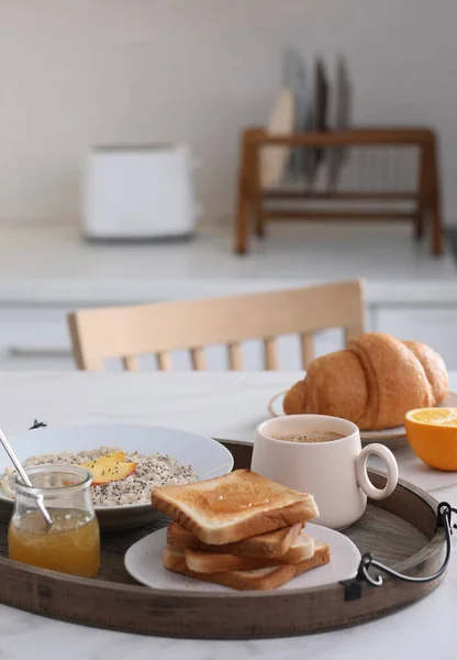 Wooden Tray Delicious Breakfast Table Kitchen Space Text — Fotografia de Stock