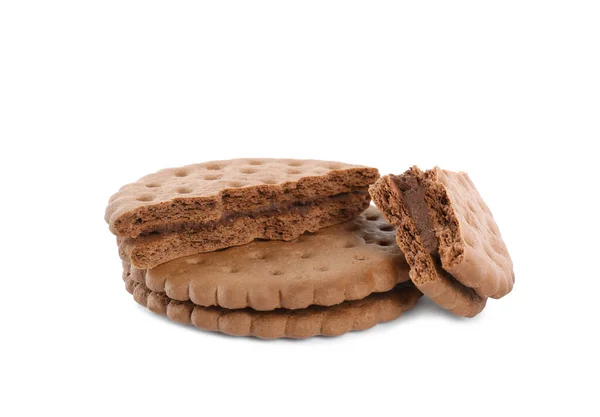 Разбитые Вкусные Шоколадные Бутерброды Сливками Белом Фоне — стоковое фото