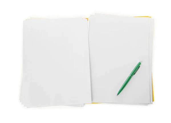 Yellow File Blank Sheets Paper Green Pen Isolated White Top — Stockfoto