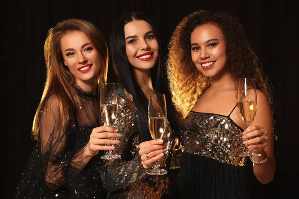 Happy Women Glasses Sparkling Wine Celebrating New Year Black Background — Fotografia de Stock