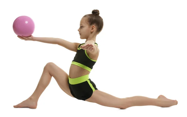 Linda Niña Con Bola Haciendo Ejercicio Gimnástico Sobre Fondo Blanco — Foto de Stock