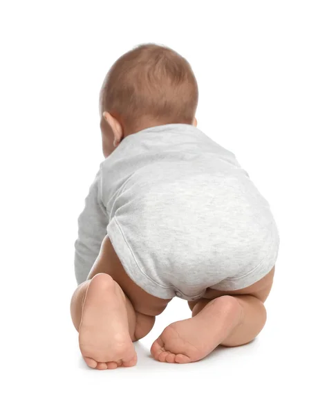 Lindo Bebé Arrastrándose Sobre Fondo Blanco Vista Trasera —  Fotos de Stock
