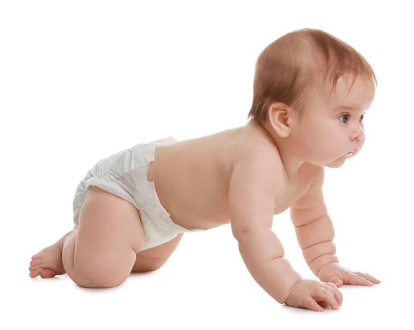 Lindo Bebé Arrastrándose Sobre Fondo Blanco — Foto de Stock