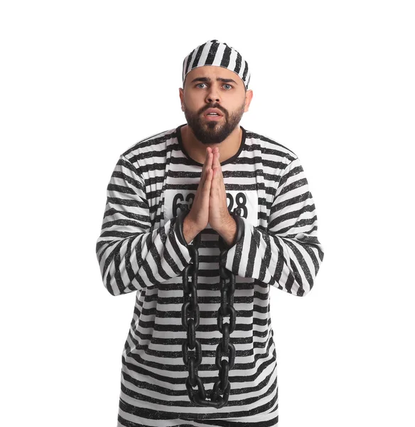 Prisoner Special Uniform Chained Hands Praying White Background — 图库照片