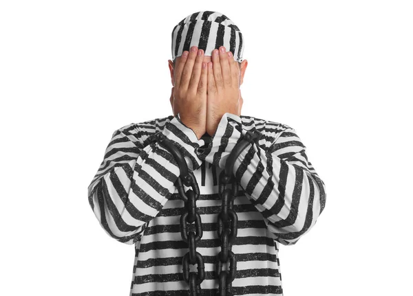 Gevangene Speciaal Uniform Met Geketende Handen Witte Achtergrond — Stockfoto