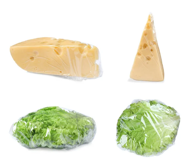 Lekkere Kaas Verse Sla Gewikkeld Met Strekfolie Witte Achtergrond Collage — Stockfoto