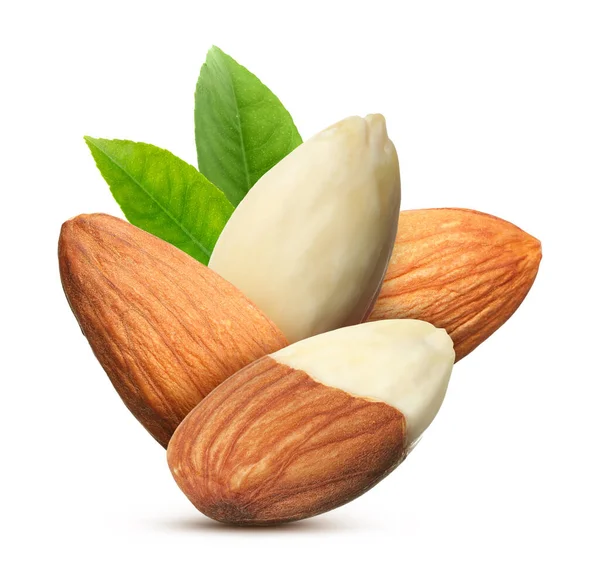 Tasty Almonds Fresh Green Leaves White Background — Stock Photo, Image
