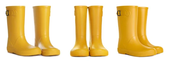 Set Yellow Rubber Boots White Background Banner Design — Stockfoto