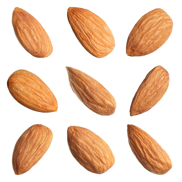 Set Tasty Almonds White Background — Stock Photo, Image