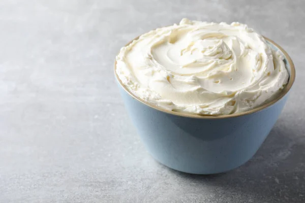 Bowl Tasty Cream Cheese Light Grey Table Space Text — Stock Photo, Image