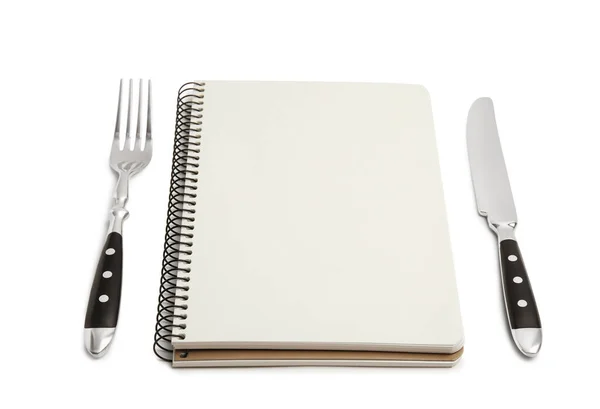 Blank Recipe Book Cutlery White Background Space Text — Zdjęcie stockowe