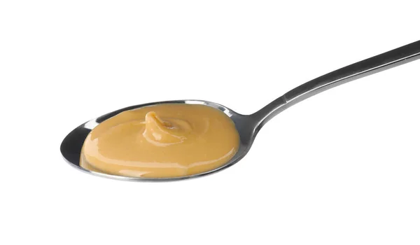 Colher Manteiga Amendoim Deliciosa Fundo Branco — Fotografia de Stock