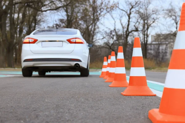Modern Car Test Track Focus Traffic Cone Driving School — Stockfoto