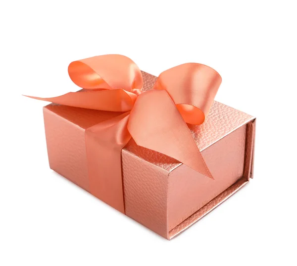 Gift Box Decorated Satin Ribbon Bow White Background — 图库照片
