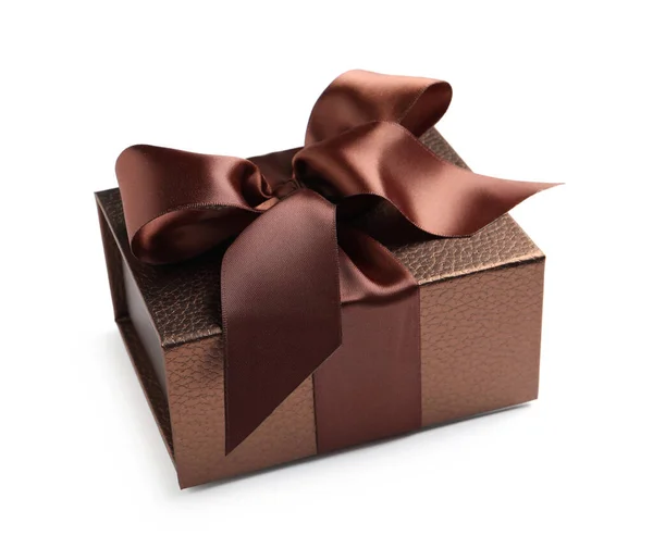 Brown Gift Box Decorated Satin Ribbon Bow White Background — стокове фото