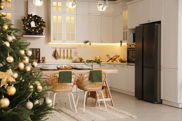 Cozy Open Plan Kitchen Decorated Christmas Interior Design — Stock Photo, Image