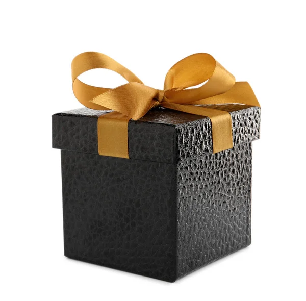 Black Gift Box Golden Bow White Background — Stockfoto