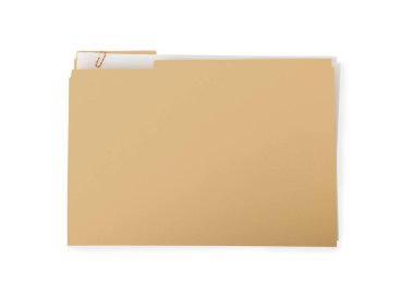 Beyaz, üst görünümde izole edilmiş belgelere sahip sarı dosya