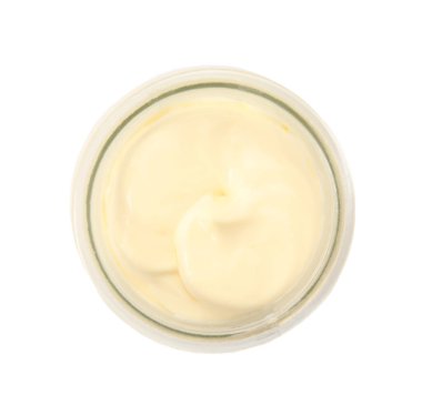 Beyaz manzaralı, lezzetli mayonez kavanozu.