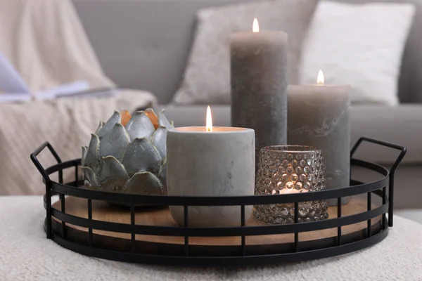 Tray Burning Candles Ottoman Indoors — Fotografia de Stock