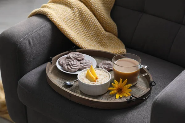 Wooden Tray Delicious Breakfast Beautiful Flower Armchair Indoors — Stock Fotó