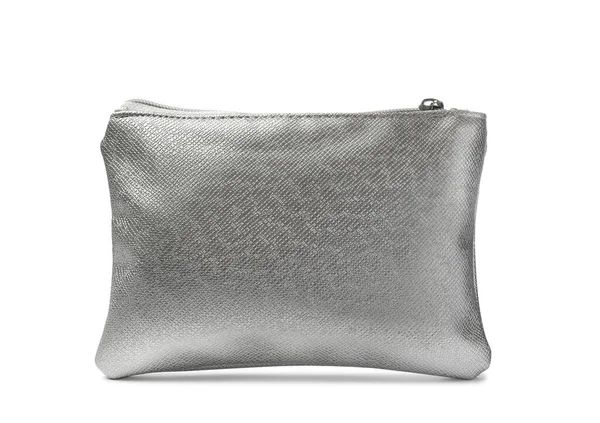 Stylish Silver Cosmetic Bag Isolated White — Stock Fotó