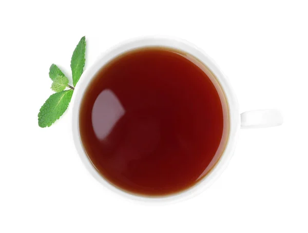 Taza Negro Aromático Con Menta Fresca Sobre Fondo Blanco Vista — Foto de Stock