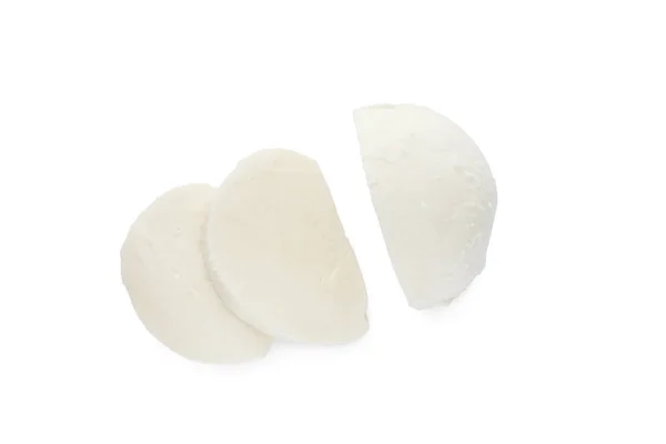 Deliciosas Fatias Queijo Mussarela Fundo Branco Vista Superior — Fotografia de Stock