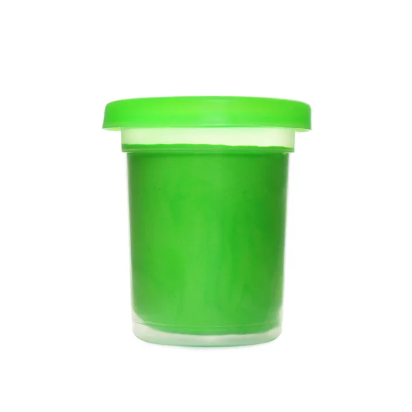 Plastbehållare Med Färg Spela Deg Isolerad Vit — Stockfoto