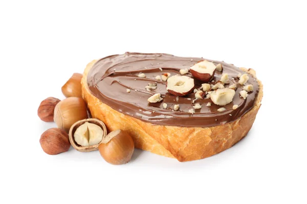 Bread Tasty Chocolate Spread Pieces Hazelnuts White Background — Stock Photo, Image