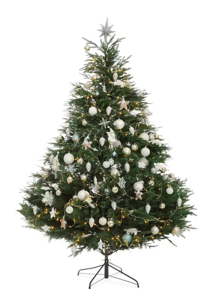Arbre Noël Avec Belles Décorations Isolées Sur Blanc — Photo